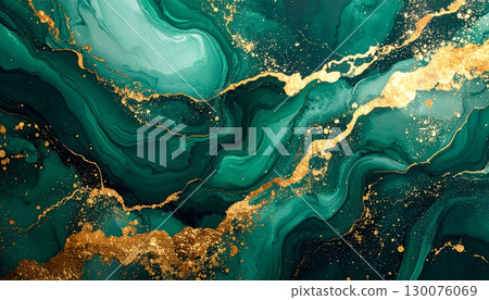 Emerald green and gold glitter background, vivid and luxurious cosmetic material 130076069