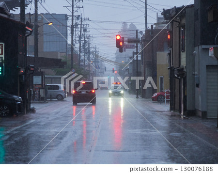 Cityscape of the tourist city of Takayama on a heavy rainy day 130076188