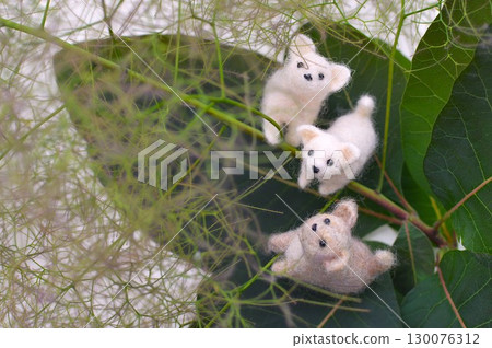 Felt puppies gathering on the blossoms of a smoke tree Felt puppies gathering on the blossoms of a smoke tree 130076312