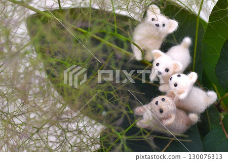 Felt puppies gathering on the blossoms of a smoke tree 130076313