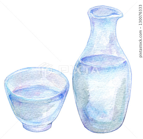 Watercolor illustration of glass sake cups, sake bottles, and sake bottles 130076333