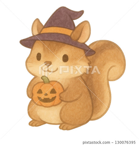 一隻松鼠拿著南瓜燈的插圖 130076395