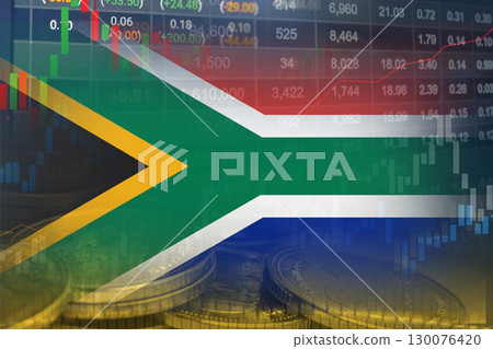 Stock market investment trading financial, coin and South Africa flag , finance business trend data. Stock market investment trading financial, coin and South Africa flag , finance business trend data. 130076420