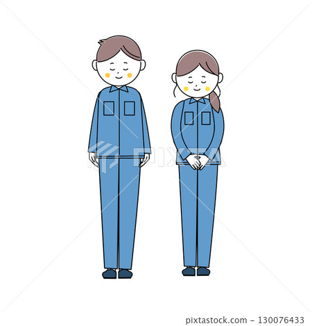 Full-body illustration of a man and woman in work clothes bowing 130076433