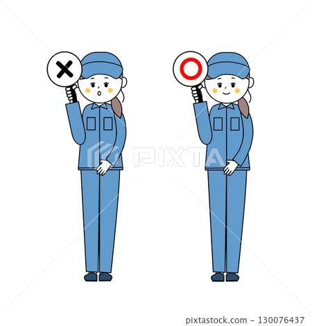 Illustration of a woman in work clothes holding a "yes" or "no" sign Illustration of a woman in work clothes holding a "yes" or "no" sign 130076437