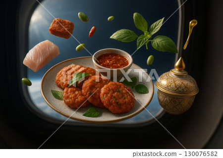 AI generated surreal Thai fish cakes with ingredients and golden ceramic container floating in zero gravity near space window with Earth view 130076582