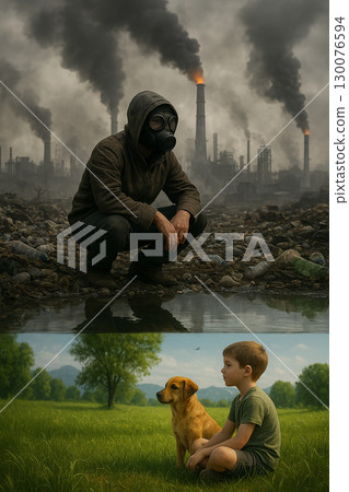 AI generated image contrasting a polluted industrial world with a hopeful natural reflection showing a boy and dog in harmony with nature 130076594