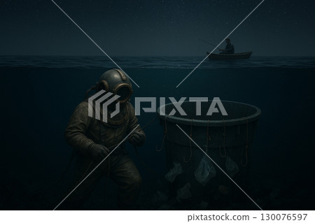 AI generated surreal scene of a diver exploring underwater plastic trap with fisherman above under dark night sky showing pollution and hidden danger beneath calm waters AI generated surreal scene of a diver exploring underwater plastic trap with fisherman above under dark night sky showing pollution and hidden danger beneath calm waters 130076597
