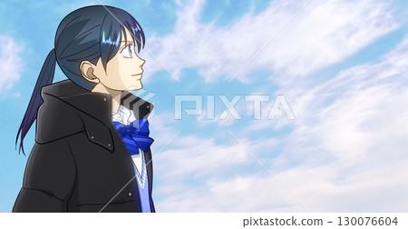 動漫風格的插圖，描繪了一名高中或國中女孩仰望冬日的天空，右側留有空白 130076604