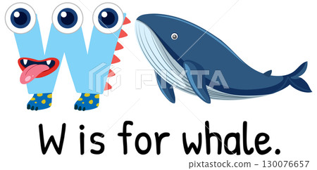 Playful Alphabet W with Whale Illustration 130076657