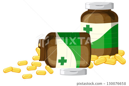Brown Medicine Bottles With Yellow Capsules Spilling Out 130076658