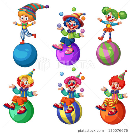 Colorful Cartoon Clowns Balancing on Circus Balls 130076676