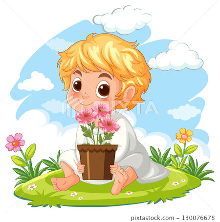 Blonde Child Sitting on Grass Holding Flower Pot Blonde Child Sitting on Grass Holding Flower Pot 130076678
