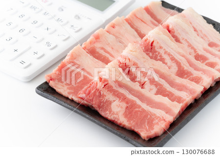 Close-up of American beef ribs and a calculator Close-up of American beef ribs and a calculator 130076688
