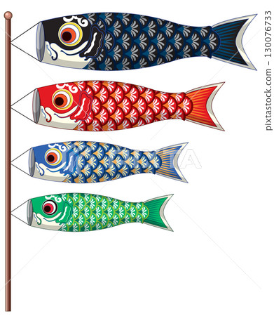 Colorful Japanese Koinobori Carp Streamers on Vertical Pole 130076733