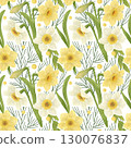 Seamless pattern, yellow and white daffodils, green leaves, hand-drawn watercolor digital illustration in a flat naive style. Element for design 130076837