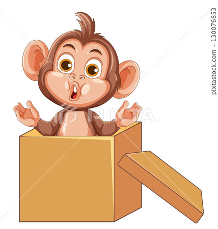 Surprised Cartoon Monkey Popping Out of Cardboard Box Surprised Cartoon Monkey Popping Out of Cardboard Box 130076853