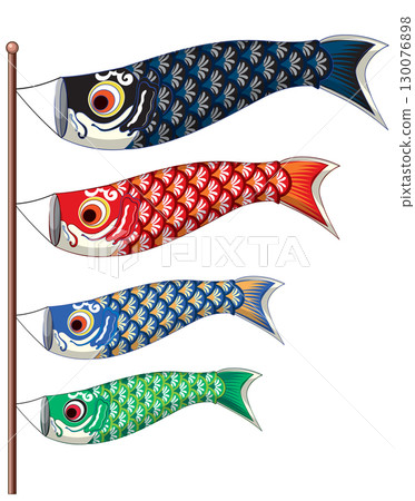 Japanese Koinobori Carp Streamers on Vertical Flagpole Illustration 130076898