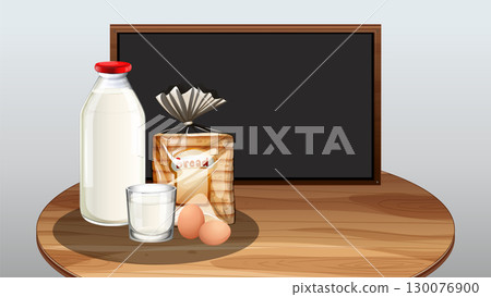 Breakfast Essentials on Wooden Table with Blackboard 130076900