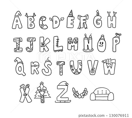 Hand drawn vector illustration of Christmas design A to Z alphabet letter outlines for festive font, typography, winter season, campaign badge, initials, print, calligraphy, stickers, text, message Hand drawn vector illustration of Christmas design A to Z alphabet letter outlines for festive font, typography, winter season, campaign badge, initials, print, calligraphy, stickers, text, message 130076911