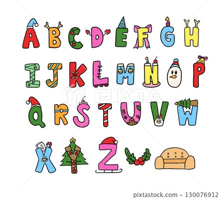 Vector illustration of Christmas design A to Z alphabet letters for festive font, typography, winter season, campaign badge, initials, print, name, patch, calligraphy, stickers, cartoon text, message Vector illustration of Christmas design A to Z alphabet letters for festive font, typography, winter season, campaign badge, initials, print, name, patch, calligraphy, stickers, cartoon text, message 130076912
