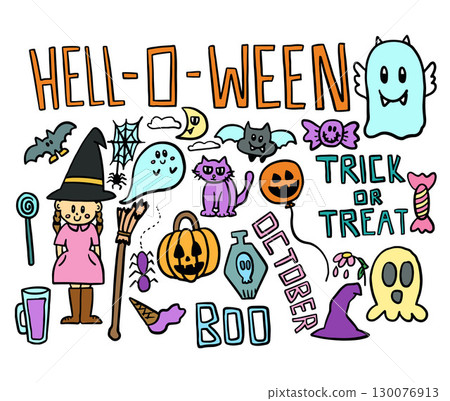 Hand drawn Halloween vector illustrations of a girl wearing witch hat, witch broom, bat, spider, pumpkin, TRICK or TREAT letters, ghost, head skull, poisonous drink, candy, pumpkin balloon, tombstone 130076913
