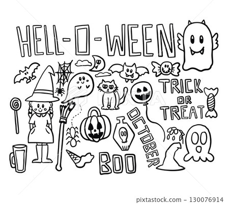 Hand drawn Halloween vector outlines of a girl wearing witch hat, witch broom, bat, spider, pumpkin, TRICK or TREAT letters, ghost, head skull, poisonous drink, candy, pumpkin balloon, tombstone 130076914