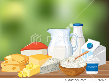 Assorted Dairy Products on Wooden Table with Green Background Assorted Dairy Products on Wooden Table with Green Background 130076924