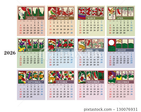 2026 年花札年曆（週日開始）未列出日本假日 130076931