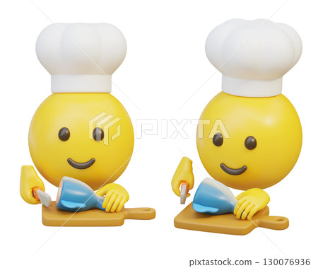 Chef Emoji Chopping Meat on Wooden Board 3D Cartoon Style 130076936