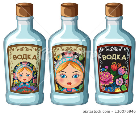 Russian Vodka Bottles with Traditional Folk Art Labels 130076946