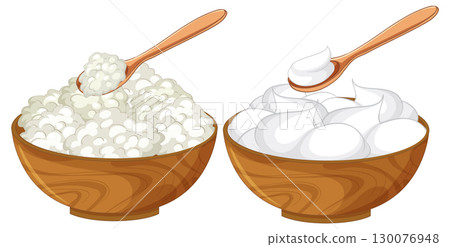 Cottage Cheese and Yogurt in Wooden Bowls with Spoons Cottage Cheese and Yogurt in Wooden Bowls with Spoons 130076948