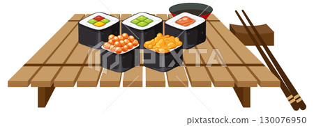 Assorted Sushi Rolls on Wooden Serving Tray 130076950