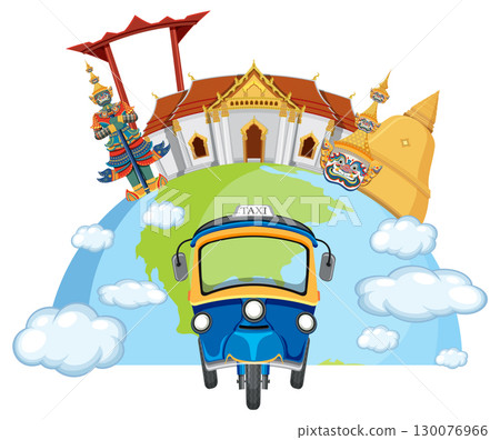 Colorful Thai Cultural Landmarks and Tuk-Tuk Illustration 130076966