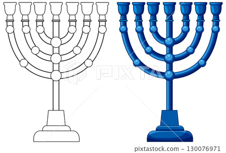 Blue Menorah Vector Illustration with Outline and Colored Versions 130076971