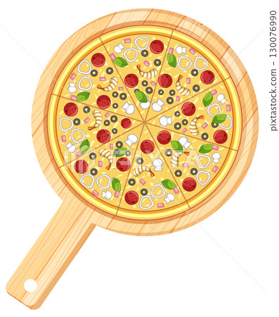 Whole Pizza with Toppings on Wooden Serving Board 130076990