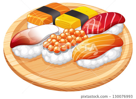 Assorted Sushi Nigiri on Wooden Serving Plate Assorted Sushi Nigiri on Wooden Serving Plate 130076993