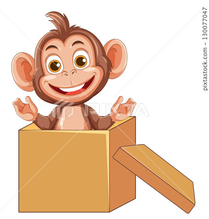 Cartoon Baby Monkey Popping Out of Cardboard Box 130077047