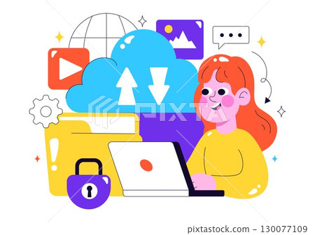 Cloud Storage Vector Illustration featuring Computing with Global Connection Network, File Transfer, and Data Center in a Flat Style Background Cloud Storage Vector Illustration featuring Computing with Global Connection Network, File Transfer, and Data Center in a Flat Style Background 130077109