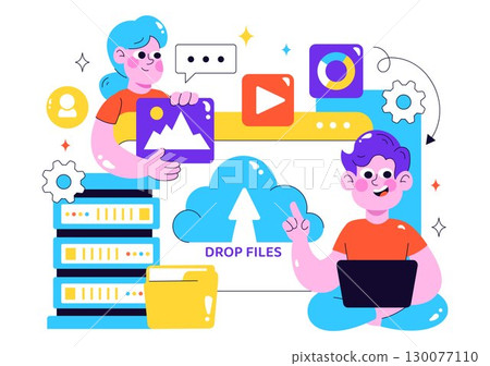 Cloud Storage Vector Illustration featuring Computing with Global Connection Network, File Transfer, and Data Center in a Flat Style Background 130077110