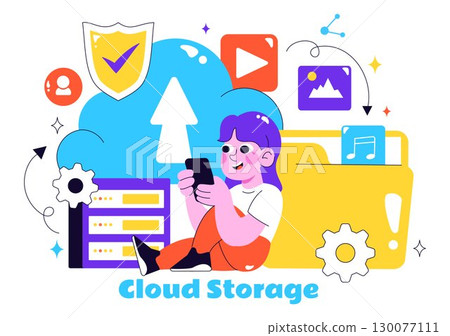 Cloud Storage Vector Illustration featuring Computing with Global Connection Network, File Transfer, and Data Center in a Flat Style Background Cloud Storage Vector Illustration featuring Computing with Global Connection Network, File Transfer, and Data Center in a Flat Style Background 130077111