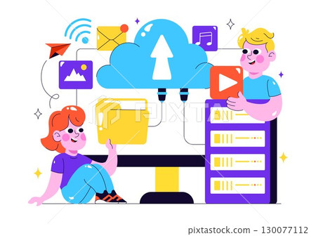 Cloud Storage Vector Illustration featuring Computing with Global Connection Network, File Transfer, and Data Center in a Flat Style Background 130077112