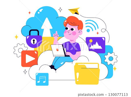 Cloud Storage Vector Illustration featuring Computing with Global Connection Network, File Transfer, and Data Center in a Flat Style Background 130077113