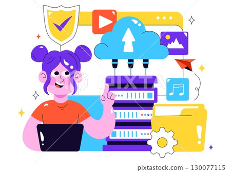 Cloud Storage Vector Illustration featuring Computing with Global Connection Network, File Transfer, and Data Center in a Flat Style Background 130077115
