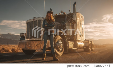 Female trucker posing with semi-truck at sunset on a desert road 130077461