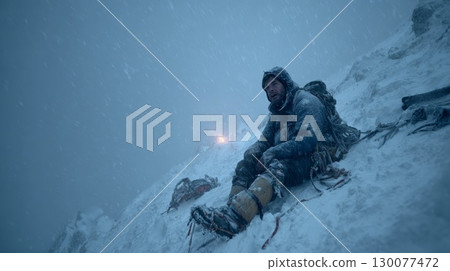 Mountaineer resting on snowy mountain during snowstorm 130077472