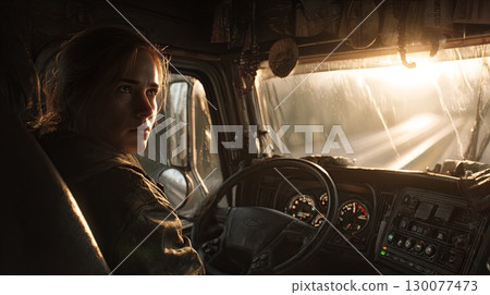 Truck driver contemplating the road ahead at golden hour 130077473