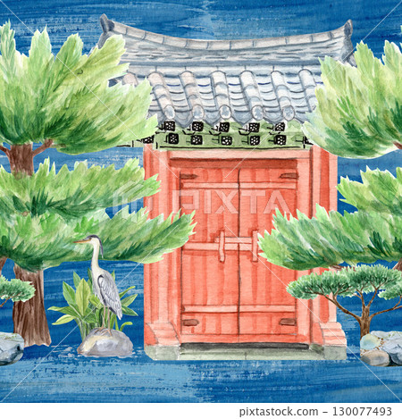 Asian style garden with a pond, wall gates, gazebo, decorative plants, watercolor illustration on blue. Hand drawn art perfect for cards, banners, posters. Korean traditional horizontal landscape clip 130077493
