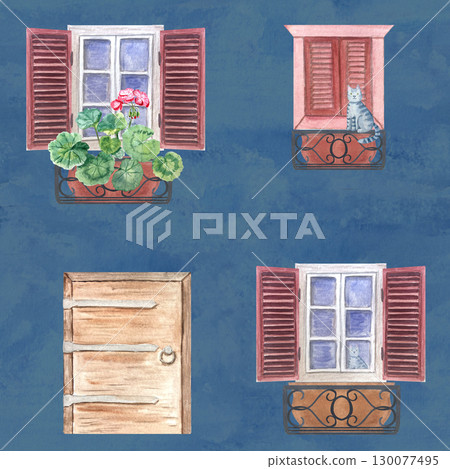 Rustic door, windows with wooden shutters, potted pink geraniums on ornate wrought iron balconies. Hand painted seamless watercolor border textured. Perfect for Mediterranean textiles, cards Rustic door, windows with wooden shutters, potted pink geraniums on ornate wrought iron balconies. Hand painted seamless watercolor border textured. Perfect for Mediterranean textiles, cards 130077495