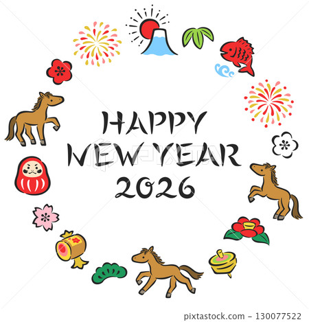 Hand-drawn New Year's circular frame for the Year of the Horse Hand-drawn New Year's circular frame for the Year of the Horse 130077522